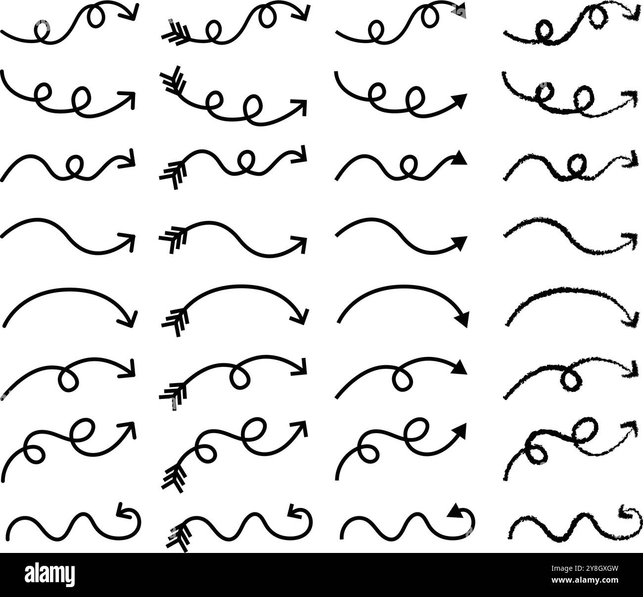 Curved arrow set. Curly and swirly arrows. Direction arrows, bow arrows, loopy arrows, doodle. Stock Vector