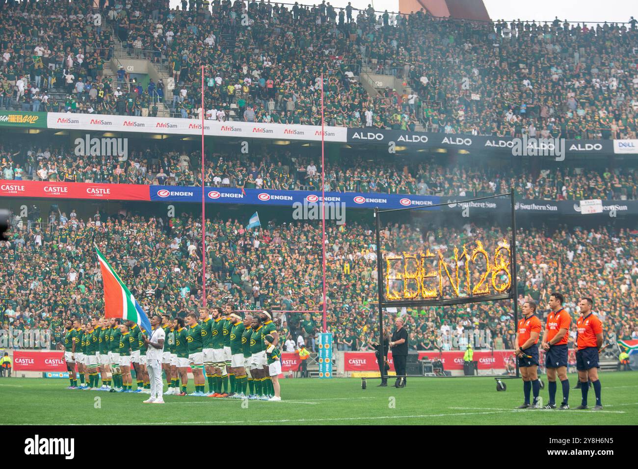 Springbok Team lines up for the National anthem at the Castle Lager
