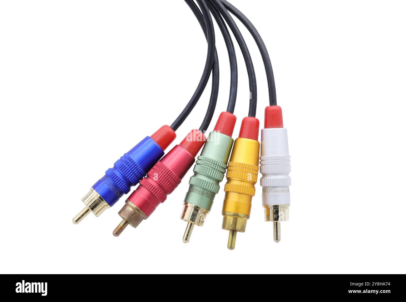Multicolored AV cable connectors isolated on white background. Stock Photo