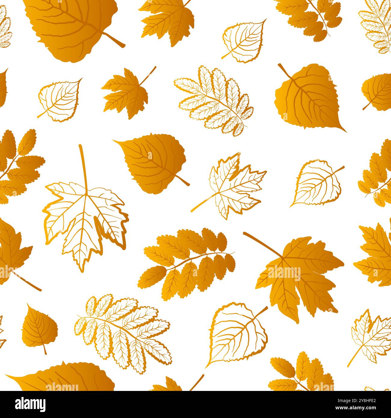 A seamless pattern featuring various autumn leaves in shades of yellow ...