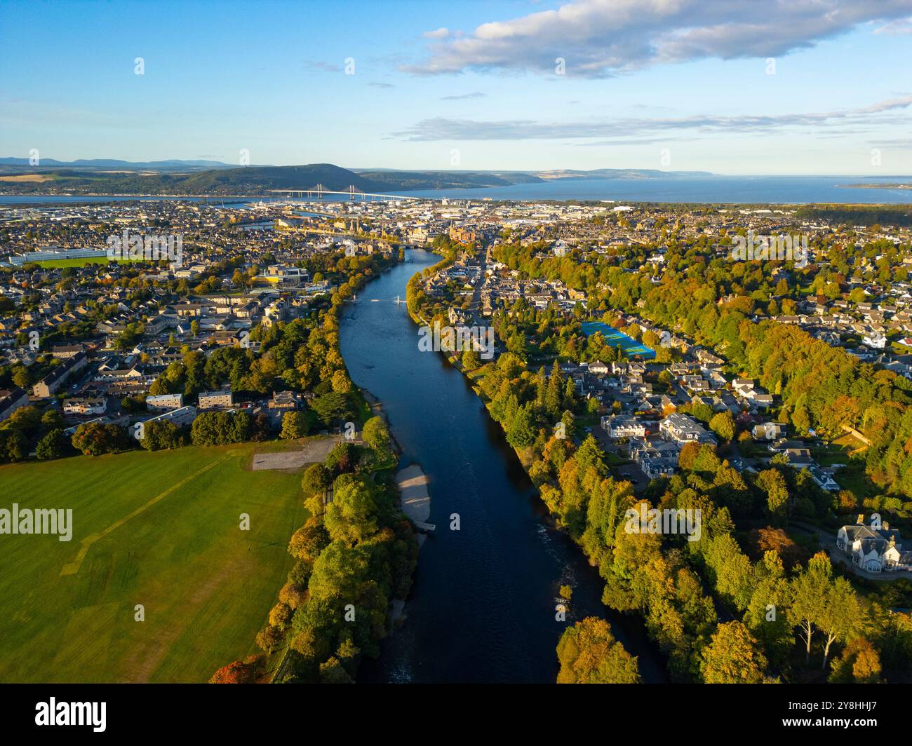 Aerial view from drone of River Ness in city centre of Inverness ...