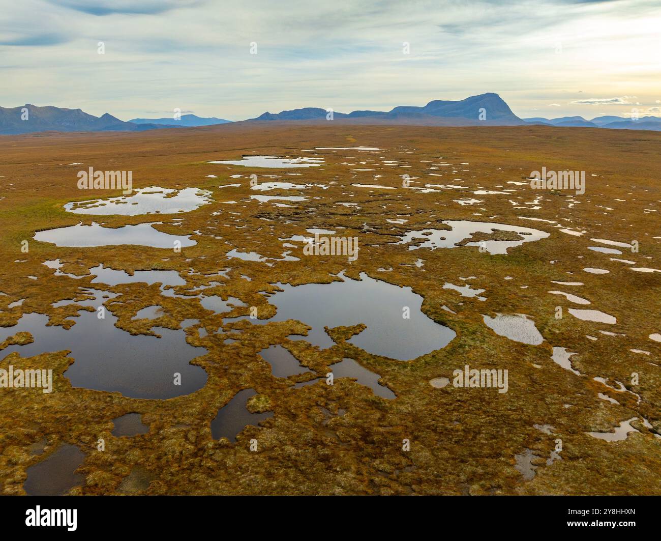 Aerial view of landscape of peat bog at A Mhoine in Flow Country a World Heritage Site for peatlands at Sutherland, Scottish Highlands, Scotland Stock Photo