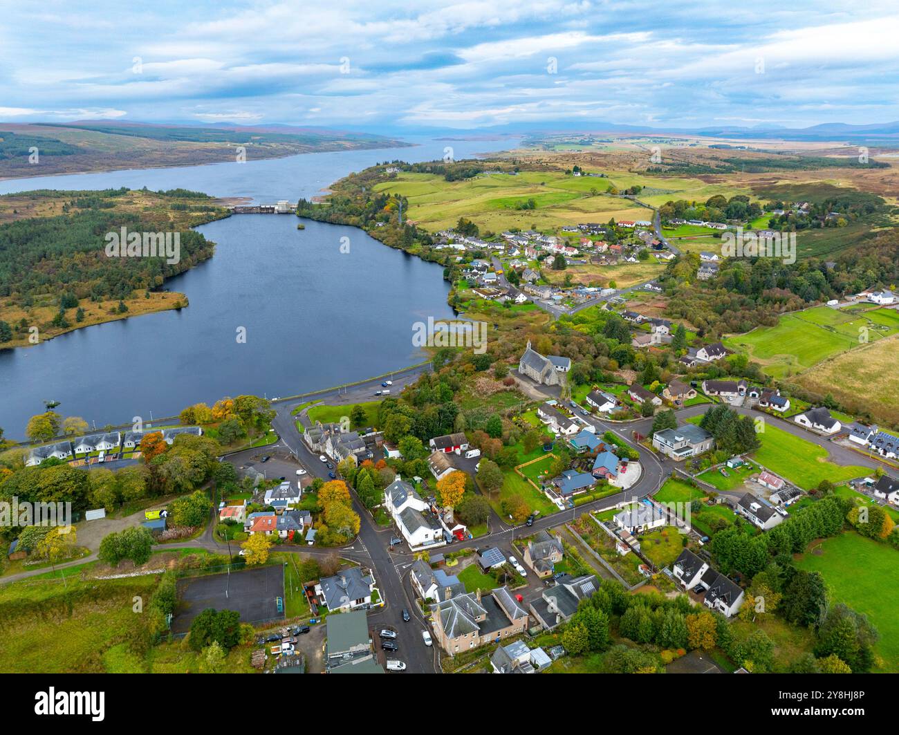 Aerial view from drone of Lairg village, Scottish Highlands,  Scotland, UK Stock Photo