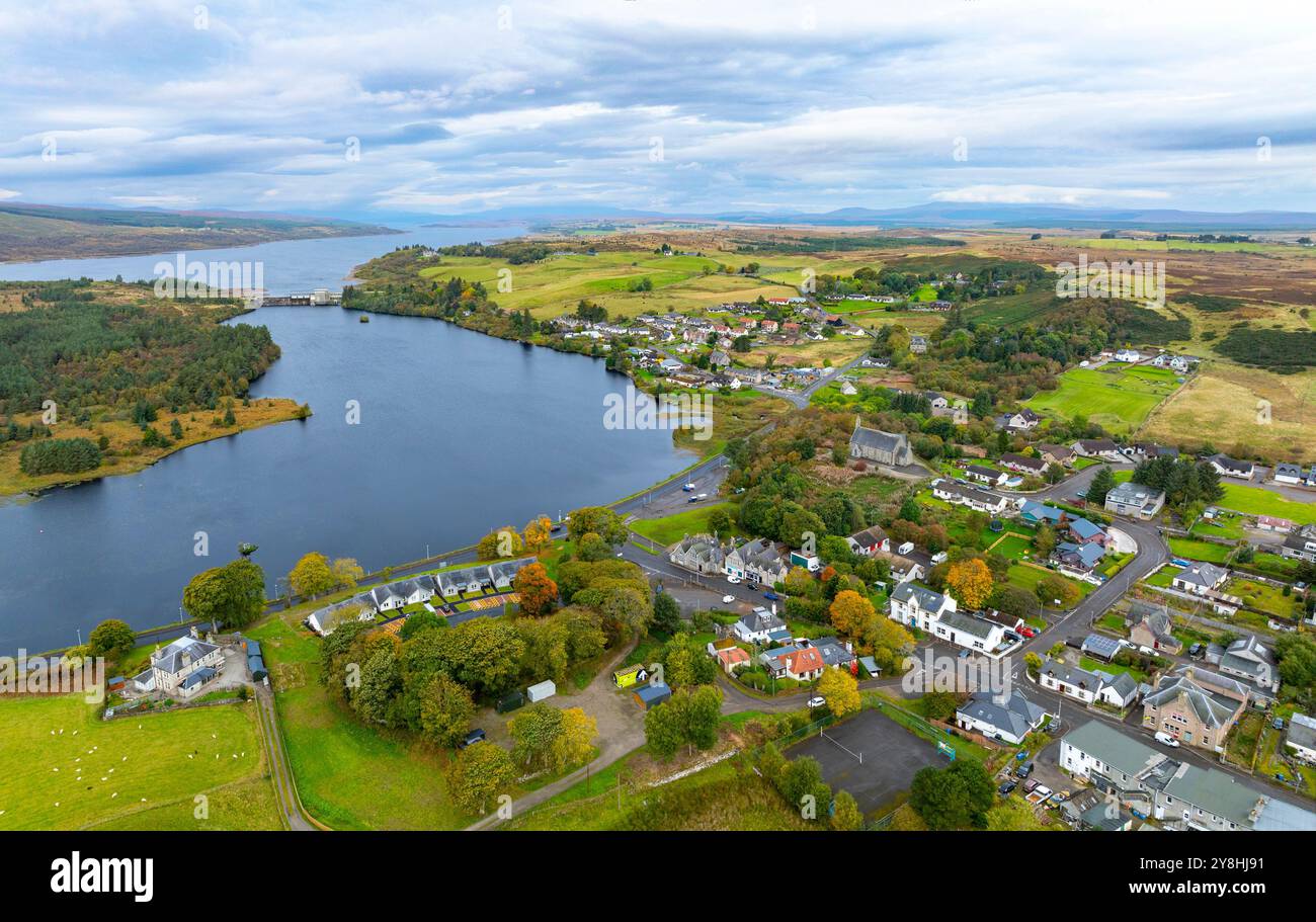 Aerial view from drone of Lairg village, Scottish Highlands,  Scotland, UK Stock Photo