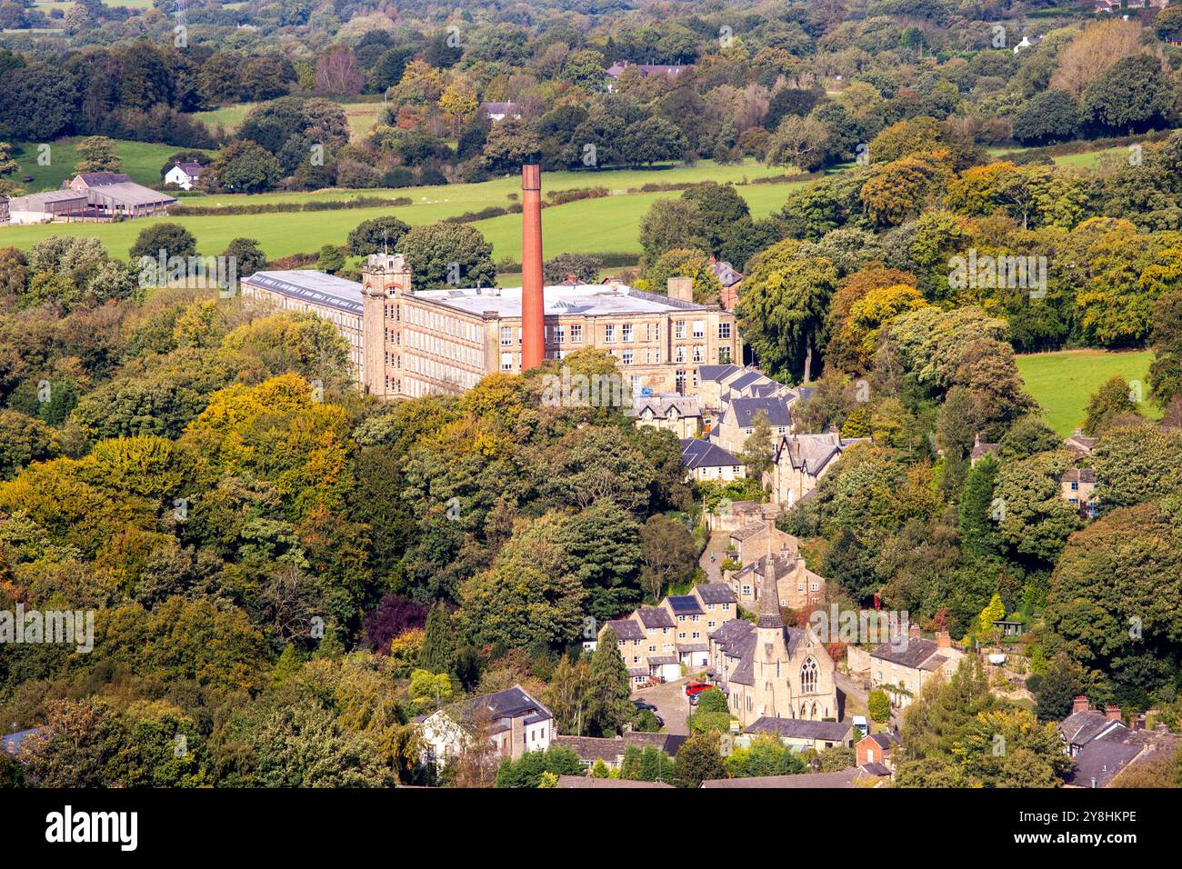 View from the top of Kerridge hill of the former mill town of Bollington Cheshire with a view of Clarence Mill Stock Photo