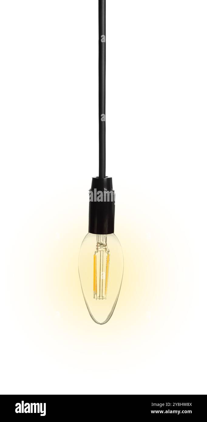 One glowing light bulb hanging on white background Stock Photo - Alamy
