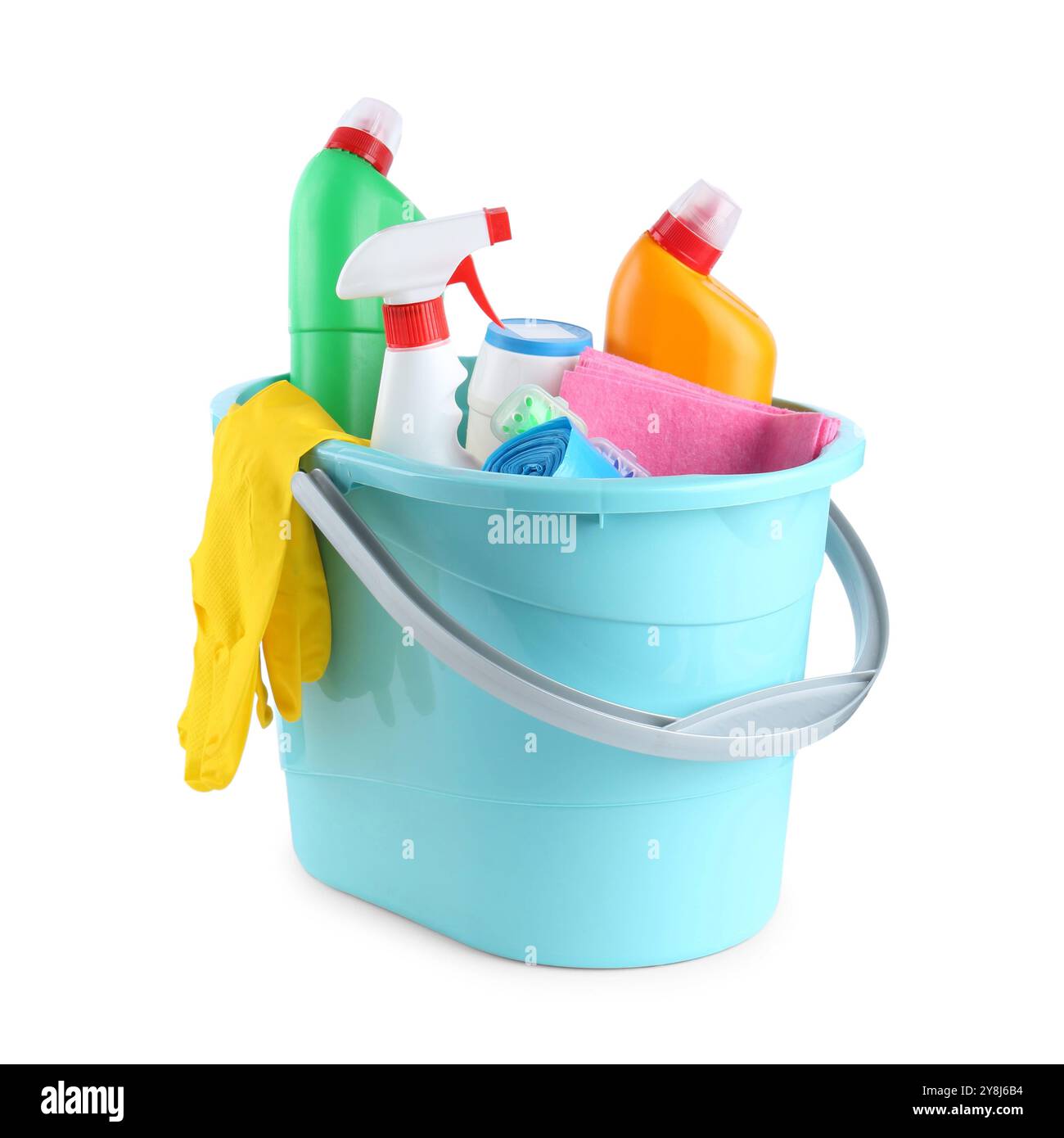 Bucket with different toilet cleaners, rag and gloves isolated on white ...