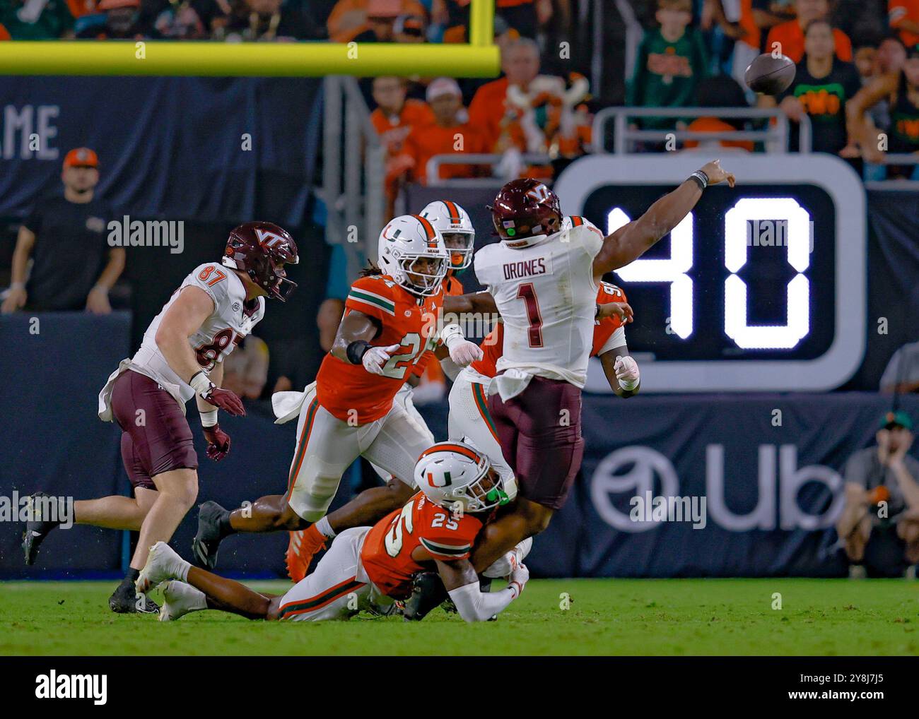 SEPTEMBER, 27, 2024,Miami Hurricanes and Virginia Tech at the Hard Rock Stadium, Miami Gardens, Florida, Photo: Chris Arjoon/American Presswire Stock Photo