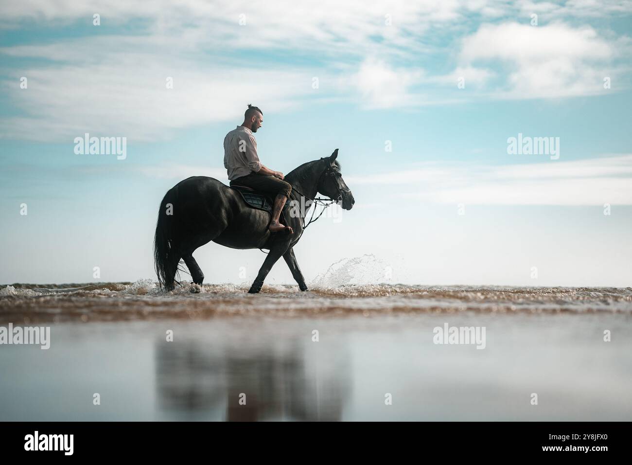 Man riding a horse on a beach, horseback summer cowboy photo Stock ...