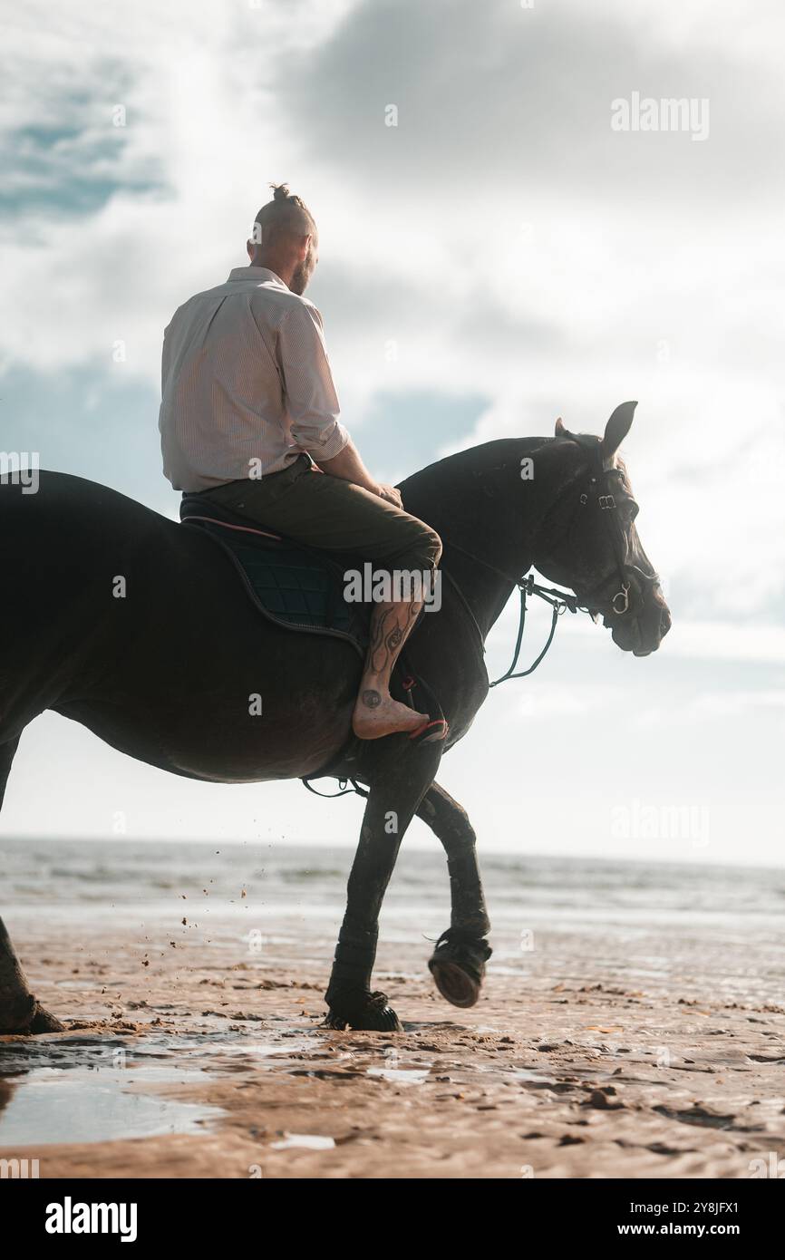 Man riding a horse on a beach, horseback summer cowboy photo Stock ...