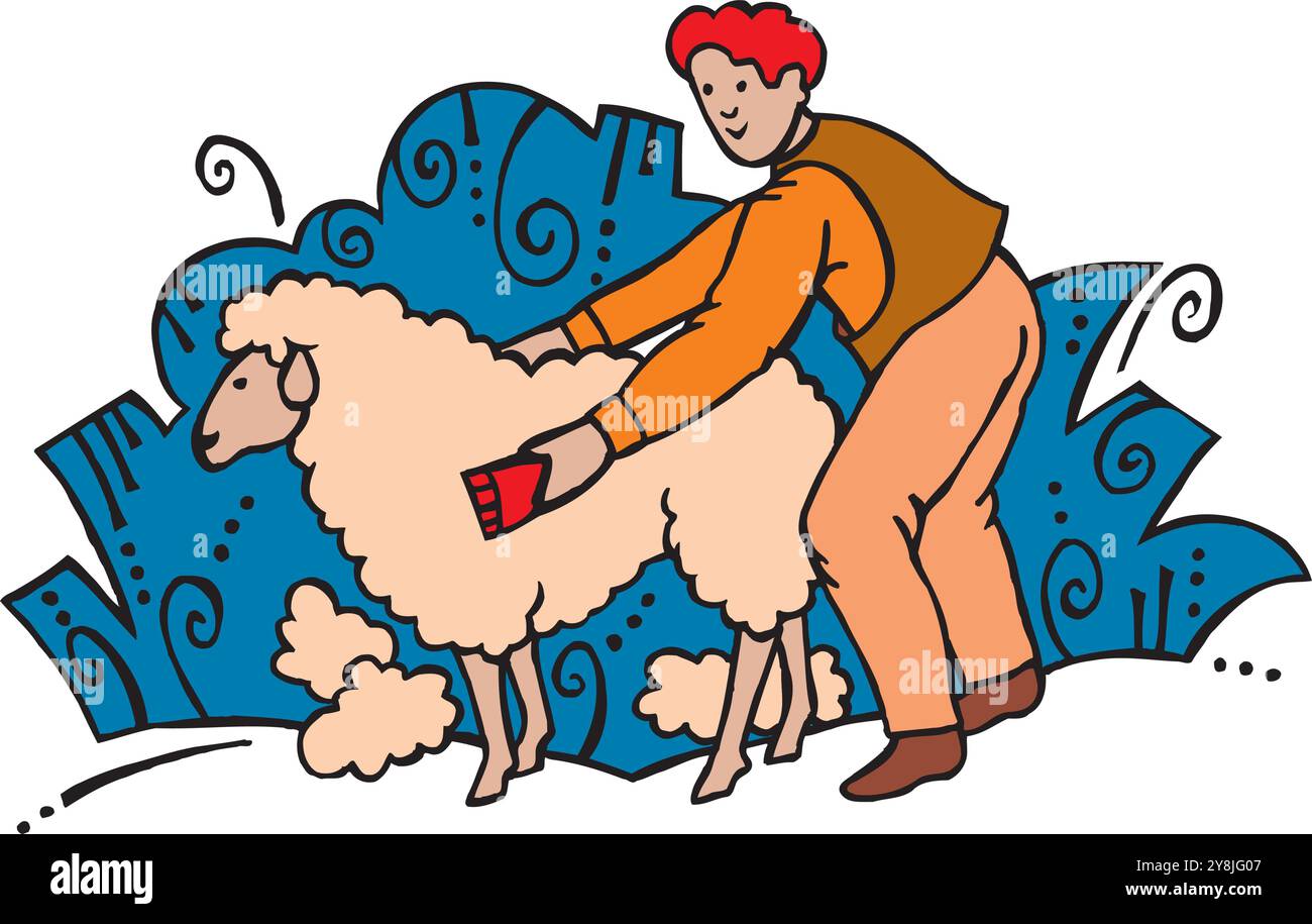 Farm composition with human character of worker shearing the sheep ...