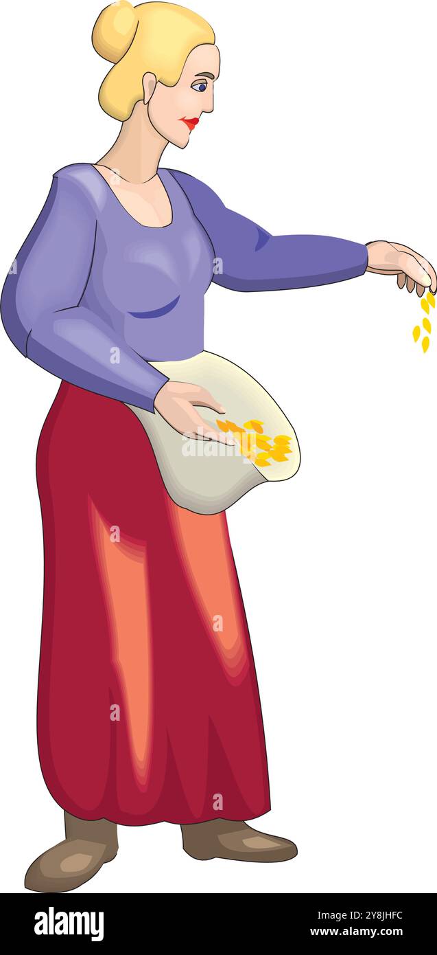 Woman feeds some chickens and chicks. Cartoon character illustration ...