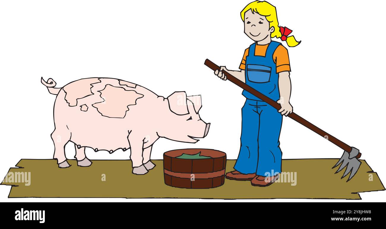 Little girl feeds pig Cartoon character illustration Stock Vector Image ...