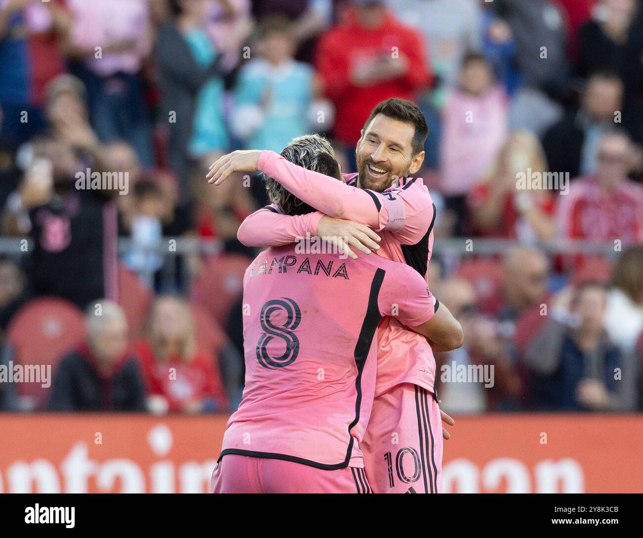 Toronto, Canada. 5th Oct, 2024. Leo Campana (Front) of Inter Miami CF celebrates scoring with teammate Lionel Messi during the 2024 Major League Soccer(MLS) match between Toronto FC and Inter Miami CF at BMO Field in Toronto, Canada, on Oct. 5, 2024. Credit: Zou Zheng/Xinhua/Alamy Live News Stock Photo