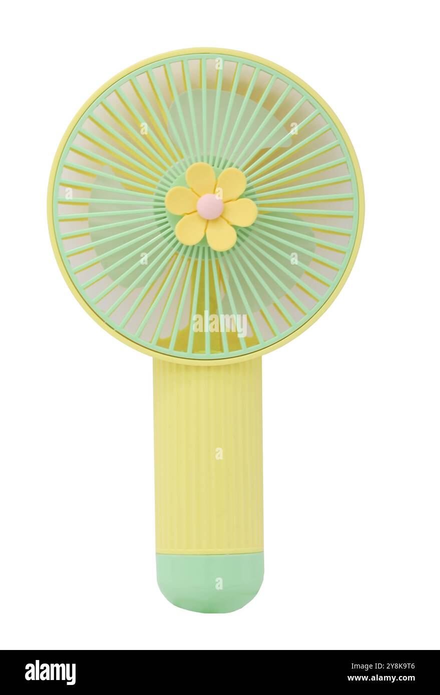 Yellow portable mini fan isolated on white background. Stock Photo