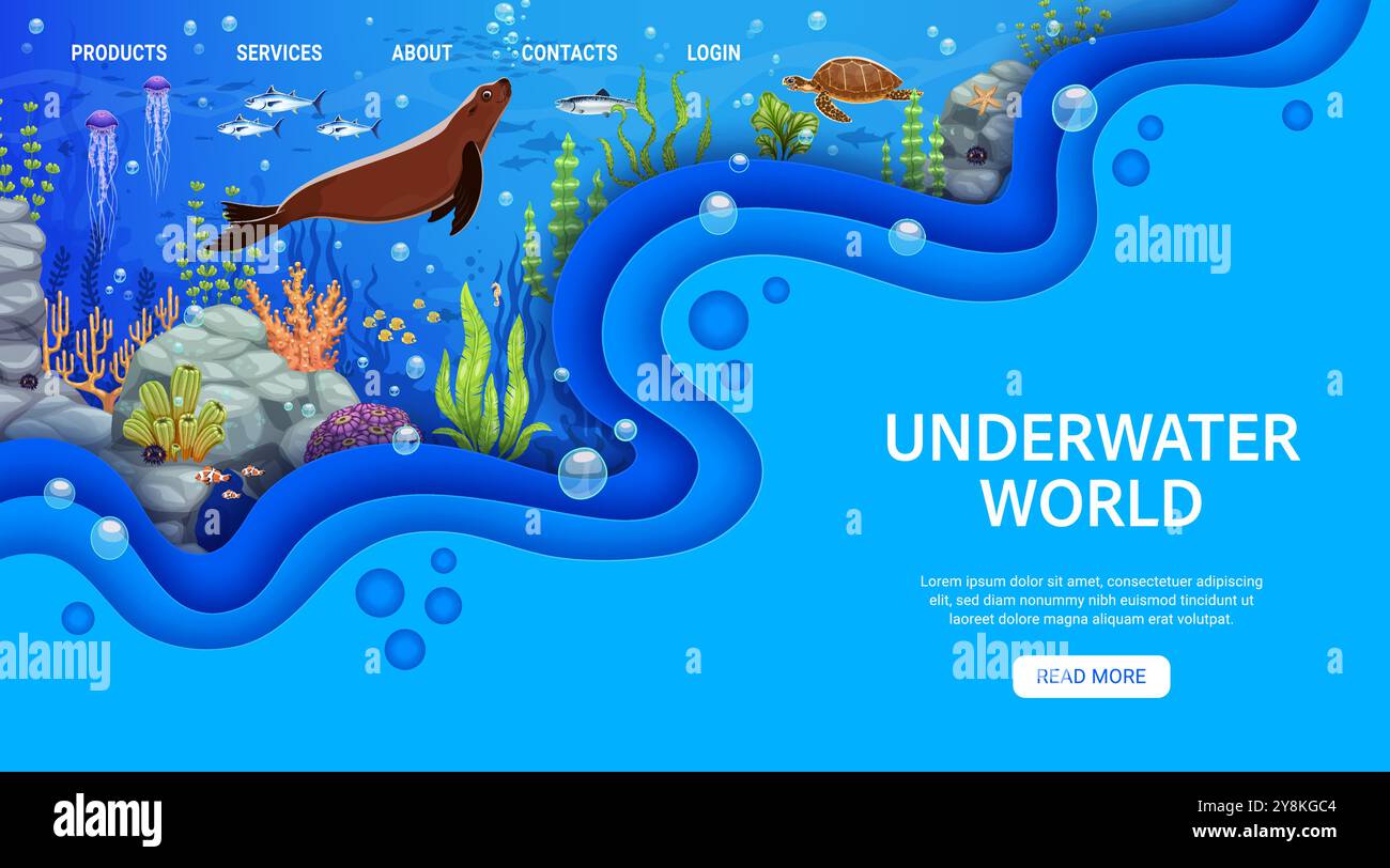 Landing page template with underwater landscape and paper cut waves inviting to explore vibrant marine life with seal, jellyfish, fish shoal and turtle. Vector web banner with ocean animals and flora Stock Vector