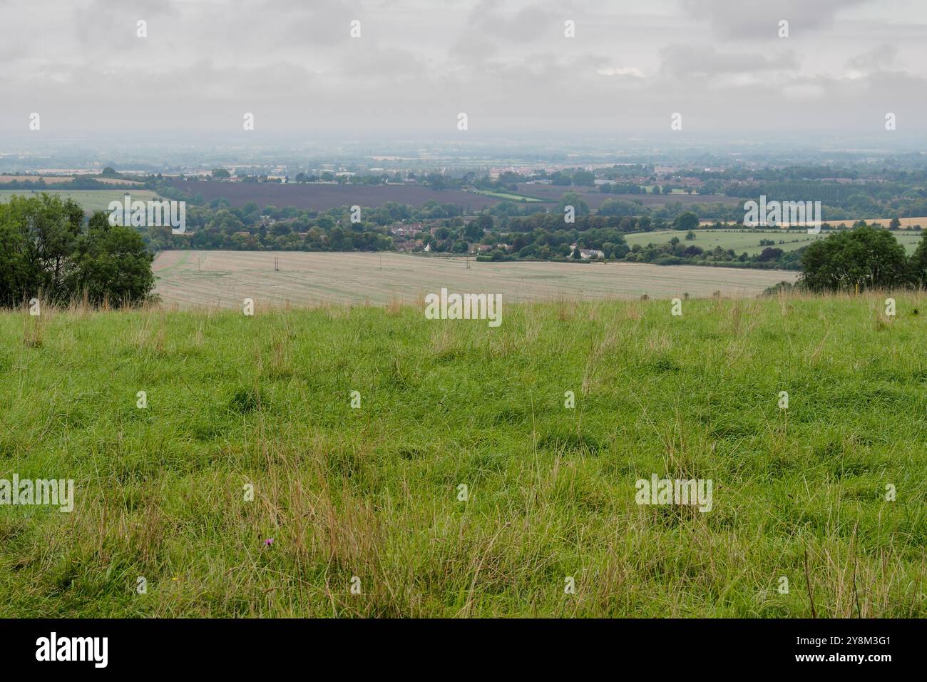 View over Letcombe Regis from the Ridgeway, Vale of White Horse, Oxfordshire Stock Photo