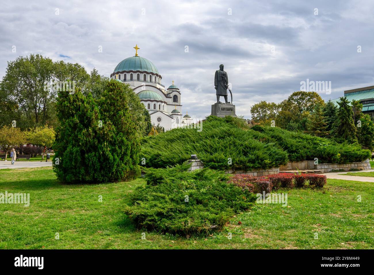 Monument dedicated to Karadjordje, leader of Serbian Uprising (1804-1813) and Saint Sava church in the background, in Belgrade, Serbia on 3 October 20 Stock Photo