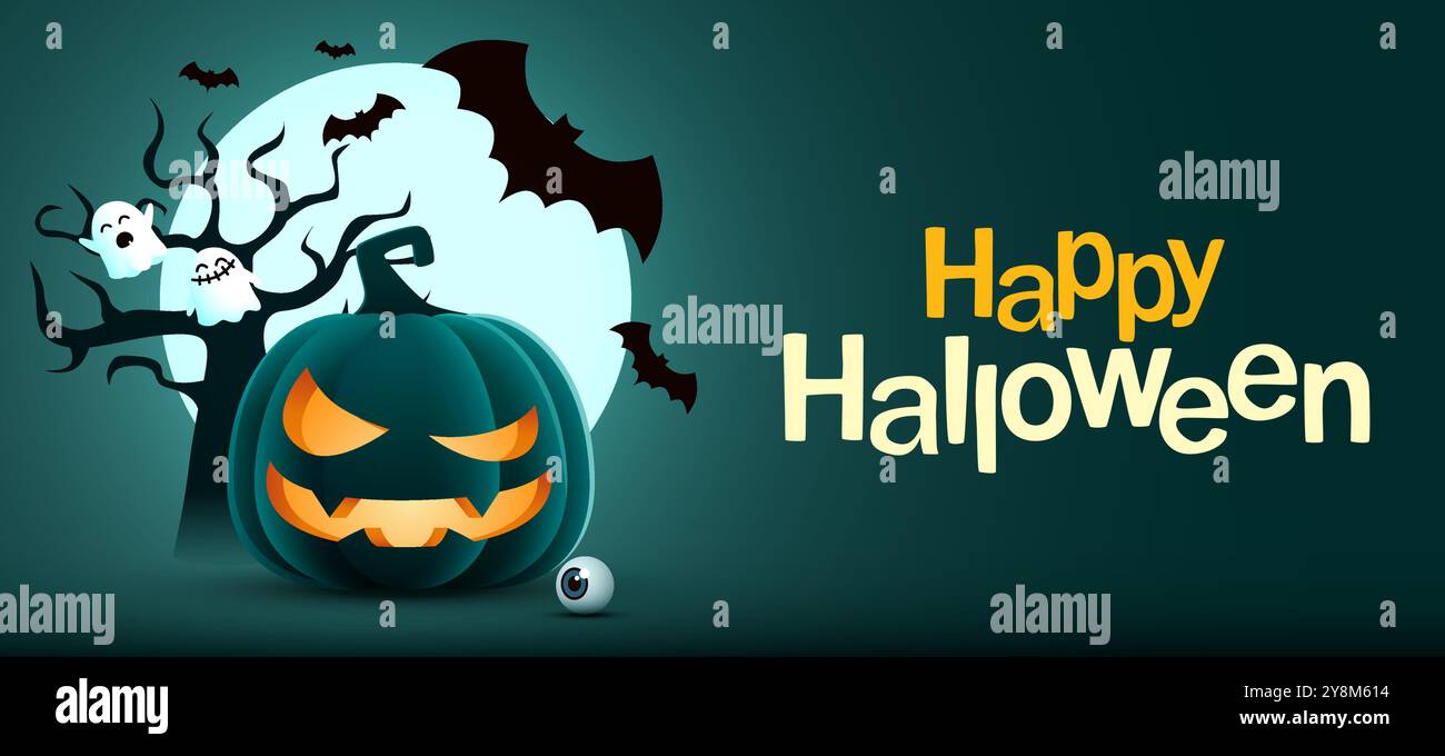 Halloween night background with pumpkin, tree, bats and ghosts. Vector ...