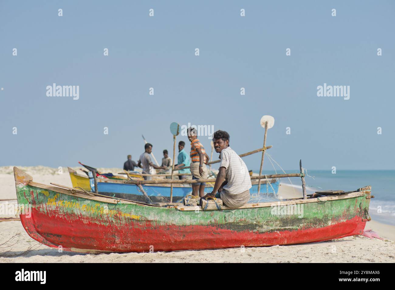 Fishermen, fishing boats, beach at Adam's Bridge, Rameswaram Island ...