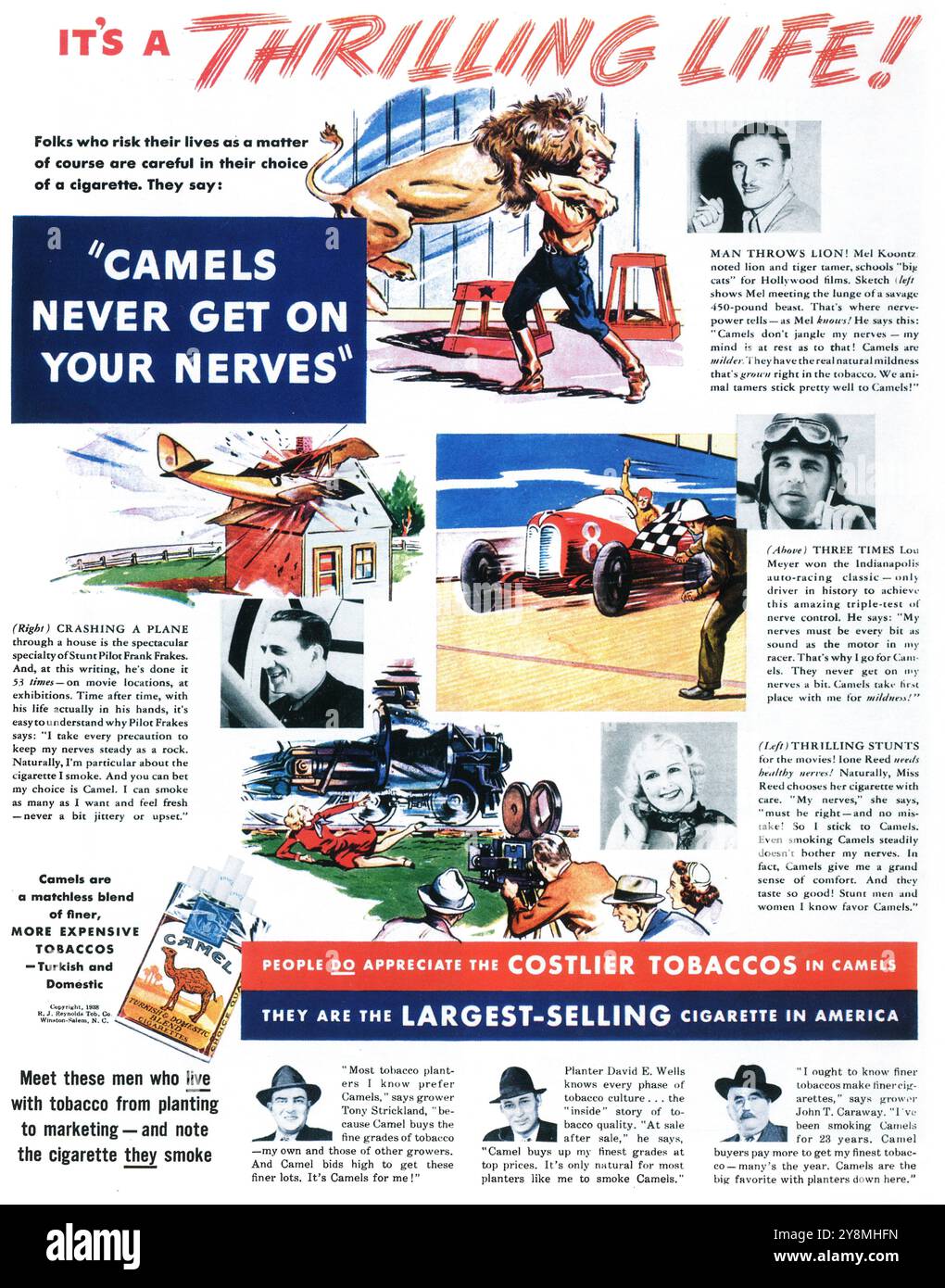 1938 Camel Cigarette Ad with stunt pilot Frank Frakes, racer Lou Meyer,  stunt double Ione Reed, lion tamer Mel Koontz Stock Photo - Alamy, image size:1020x1390