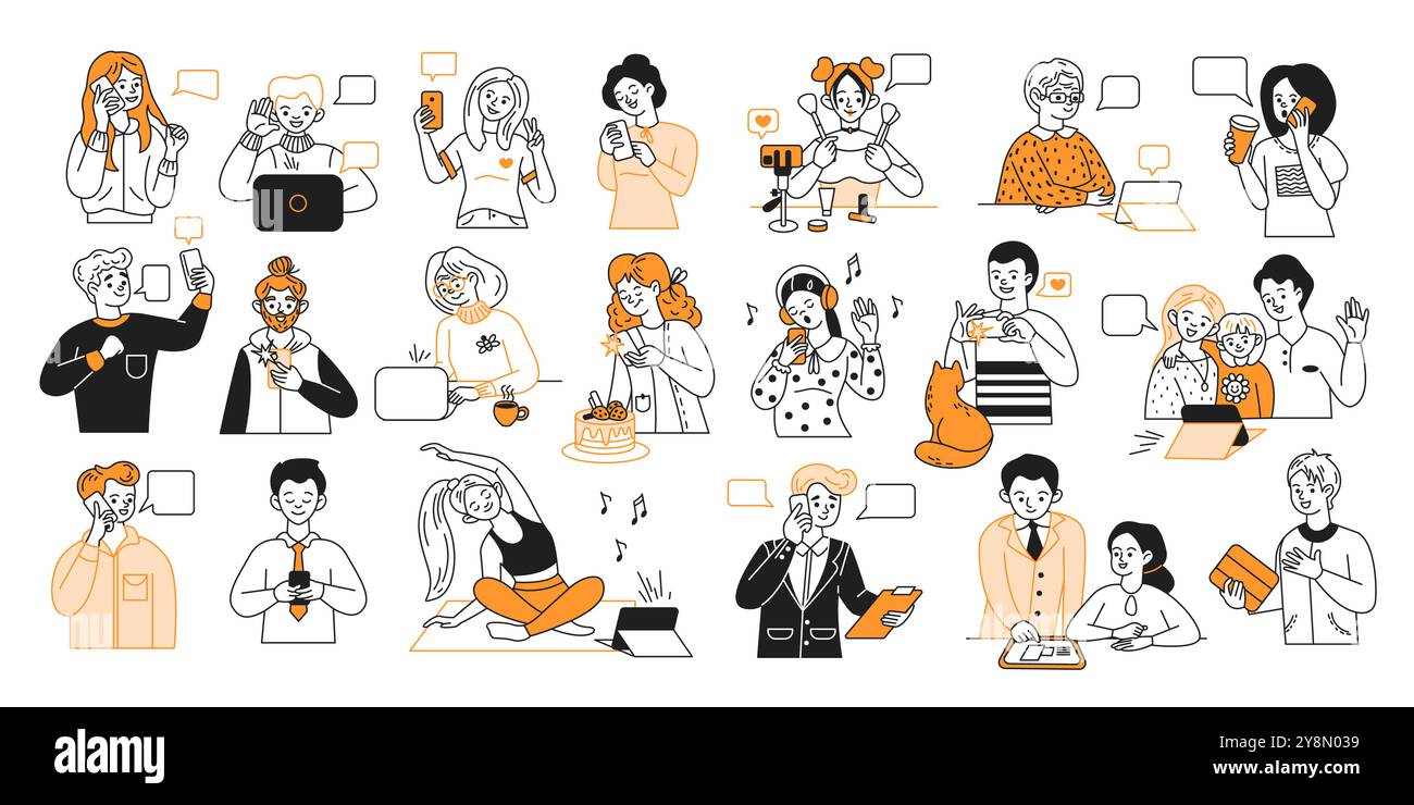 People using smartphones in various situations vector icons Stock Vector