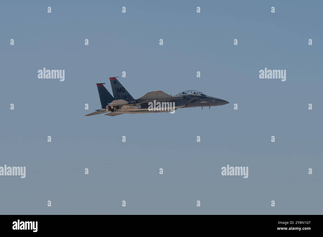 A U.S. Air Force F-15E Strike Eagle takes flight at Mountain Home Air Force Base, Idaho, Oct. 2, 2024. This aircraft achieved a successful final check Stock Photo