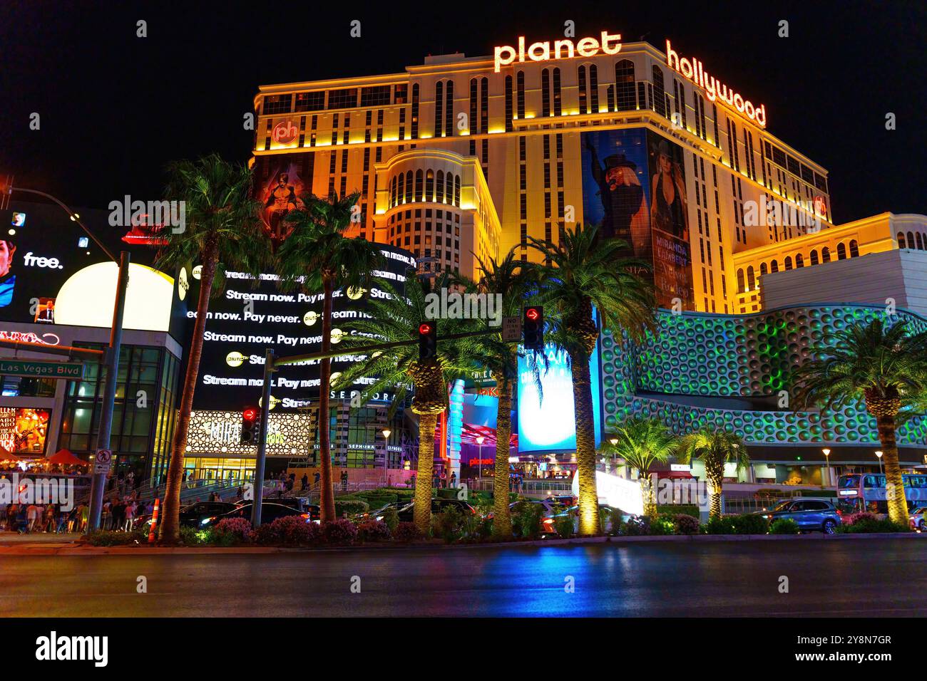 Las Vegas, Nevada - April 13, 2024: Striking view of Planet Hollywood hotel featuring bright signage and vibrant lights along the Las Vegas Strip at n Stock Photo
