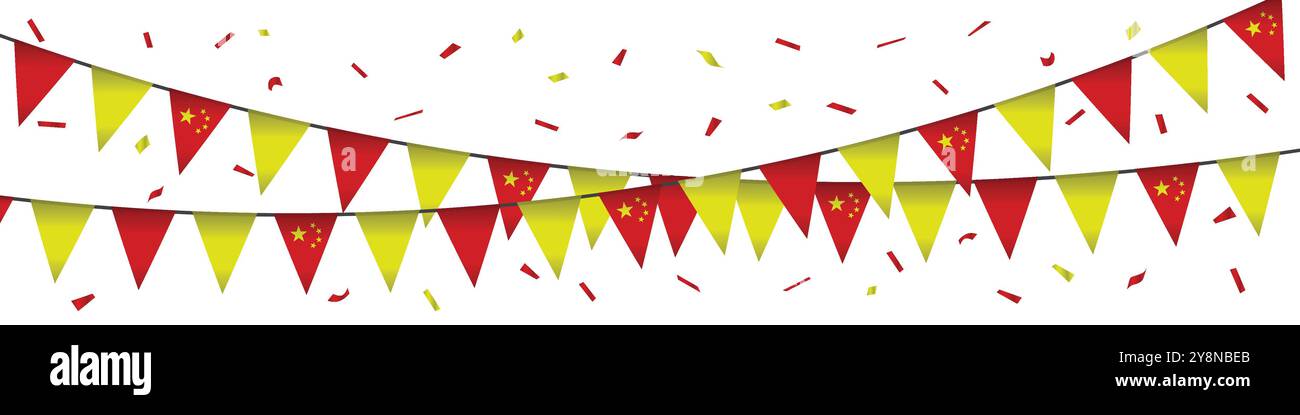 Red and Yellow China Party Flag garlands Isolated on white background. Vector Illustration for national day of the People's Republic of China. Stock Vector