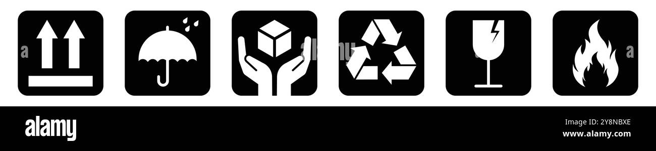 Common packaging & warning symbols in black with rounded stroke. This side up, Keep dry, Handle with care, Recycled, Fragile, Flammable vector icons Stock Vector