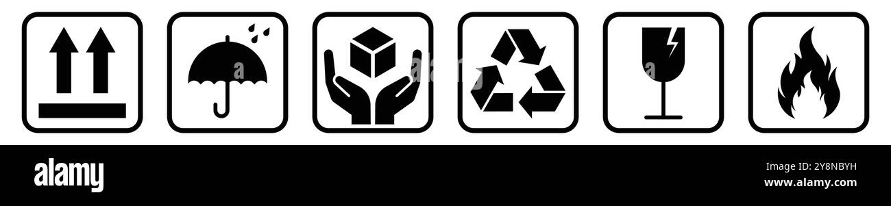 Common packaging & warning symbols with black frame. This side up, Keep dry, Handle with care, Recycled, Fragile, Flammable vector icon set. Stock Vector