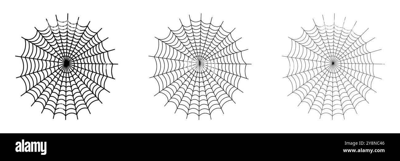 Black spider web icon set isolated on a white background. Outline Cobweb in black. Suitable for gothic, creepy, Halloween holiday. Vector Illustration Stock Vector