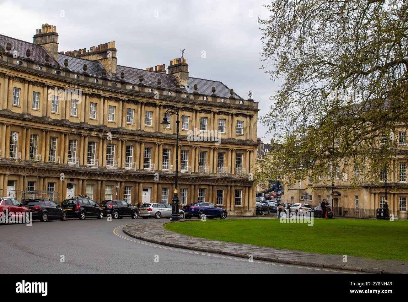 25 April 2024 A section of The Circus, originally called Kings Circus is an historic ring of large townhouses in the city of Bath, Somerset, England. Stock Photo