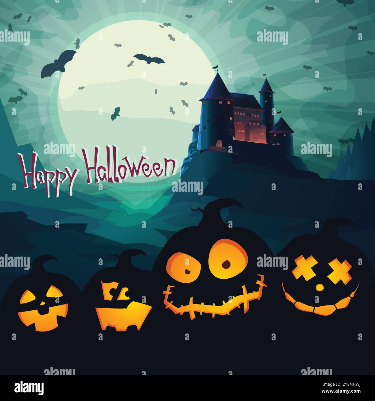 halloween night with pumpkin monsters and castle Stock Vector Image ...