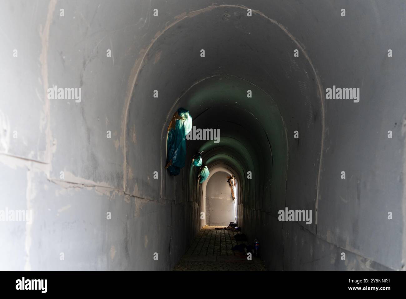 Berlin October 6, 2024: The terrorist attack by Hamas on Israel and the hostages are remembered on Bebelplatz. A tunnel and scenes were recreated. Stock Photo