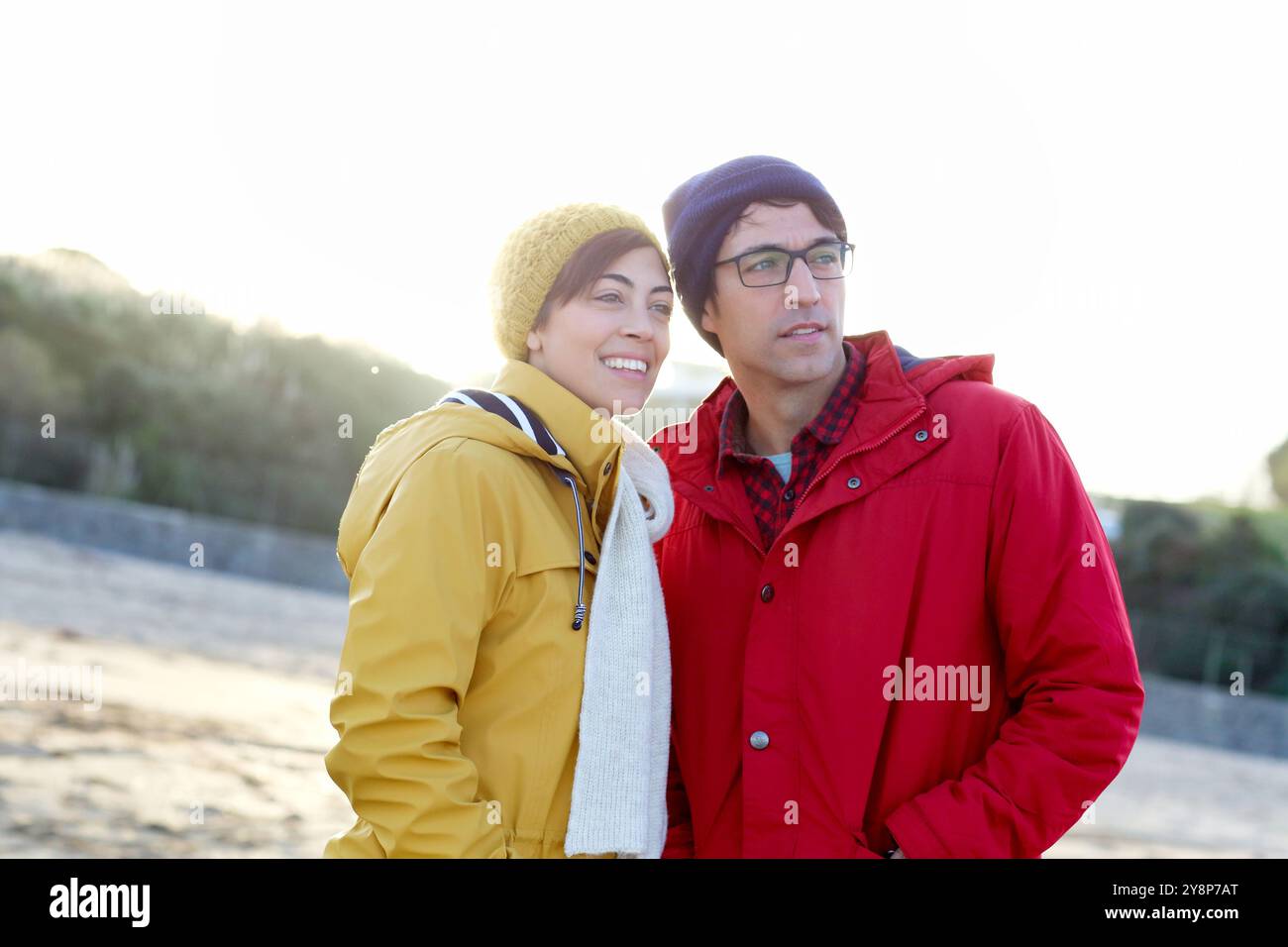 France, French Basque Country, Hendaye, Couple on beach. Stock Photo