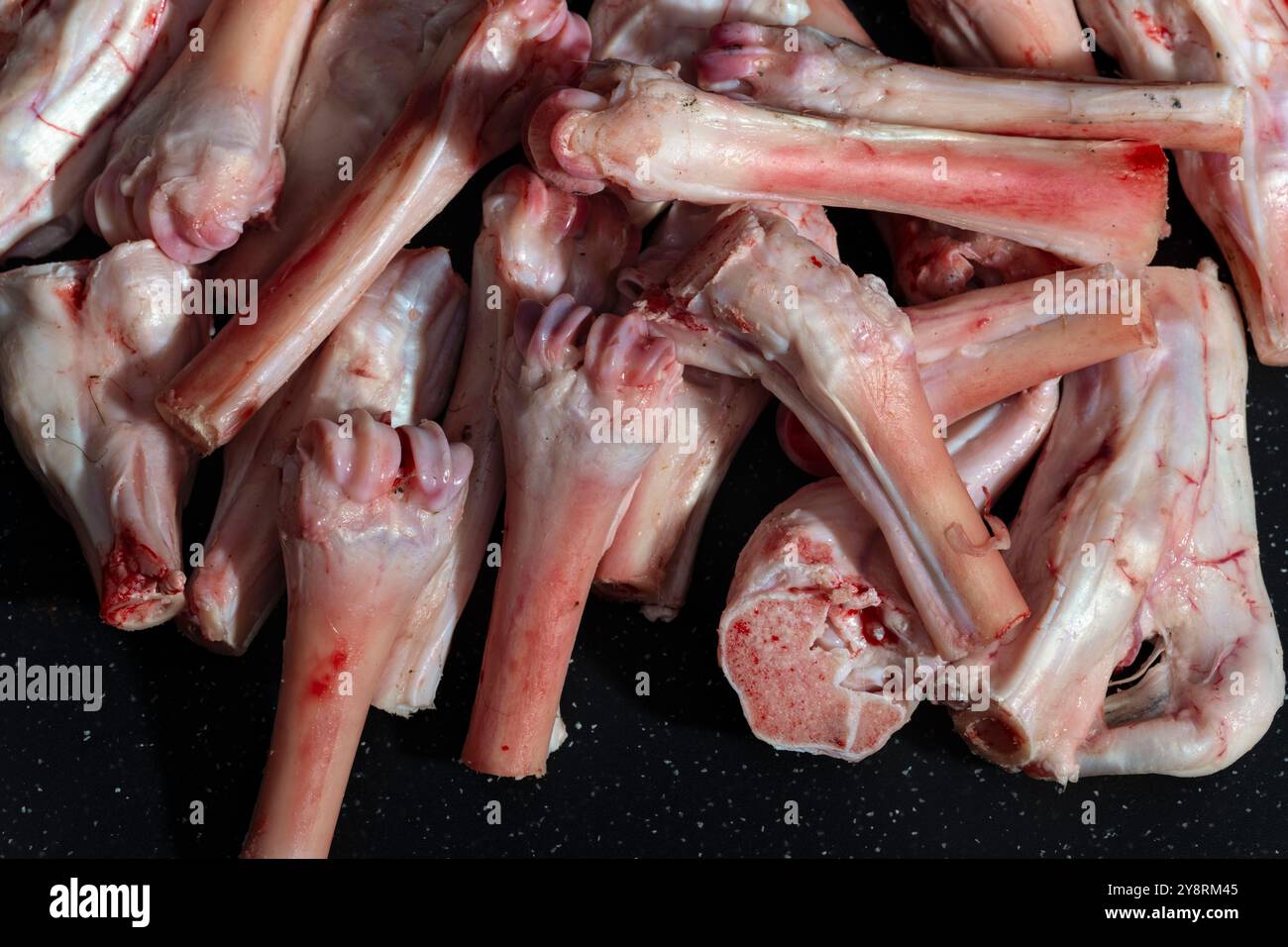 A pile of raw goat bones and cartilage, showcasing their fresh and natural state. Ideal for visuals related to culinary preparation, butchery, or food. Stock Photo