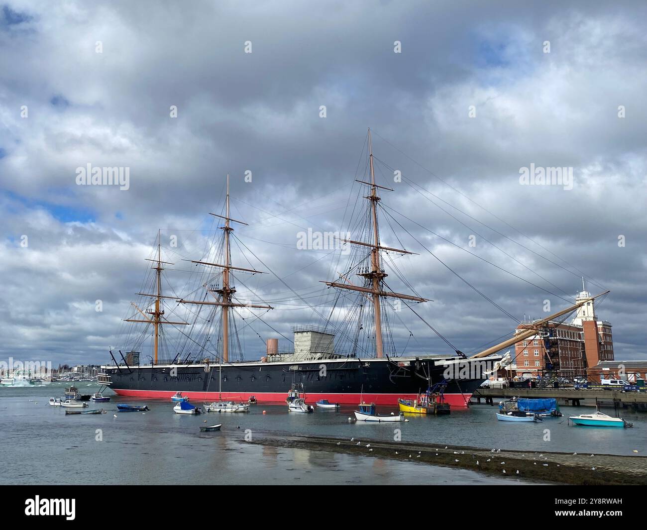 HMS Warrior ship in the docks in Portsmouth Harbour, Portsmouth, Hampshire, England - Smartphone Captured Stock Image