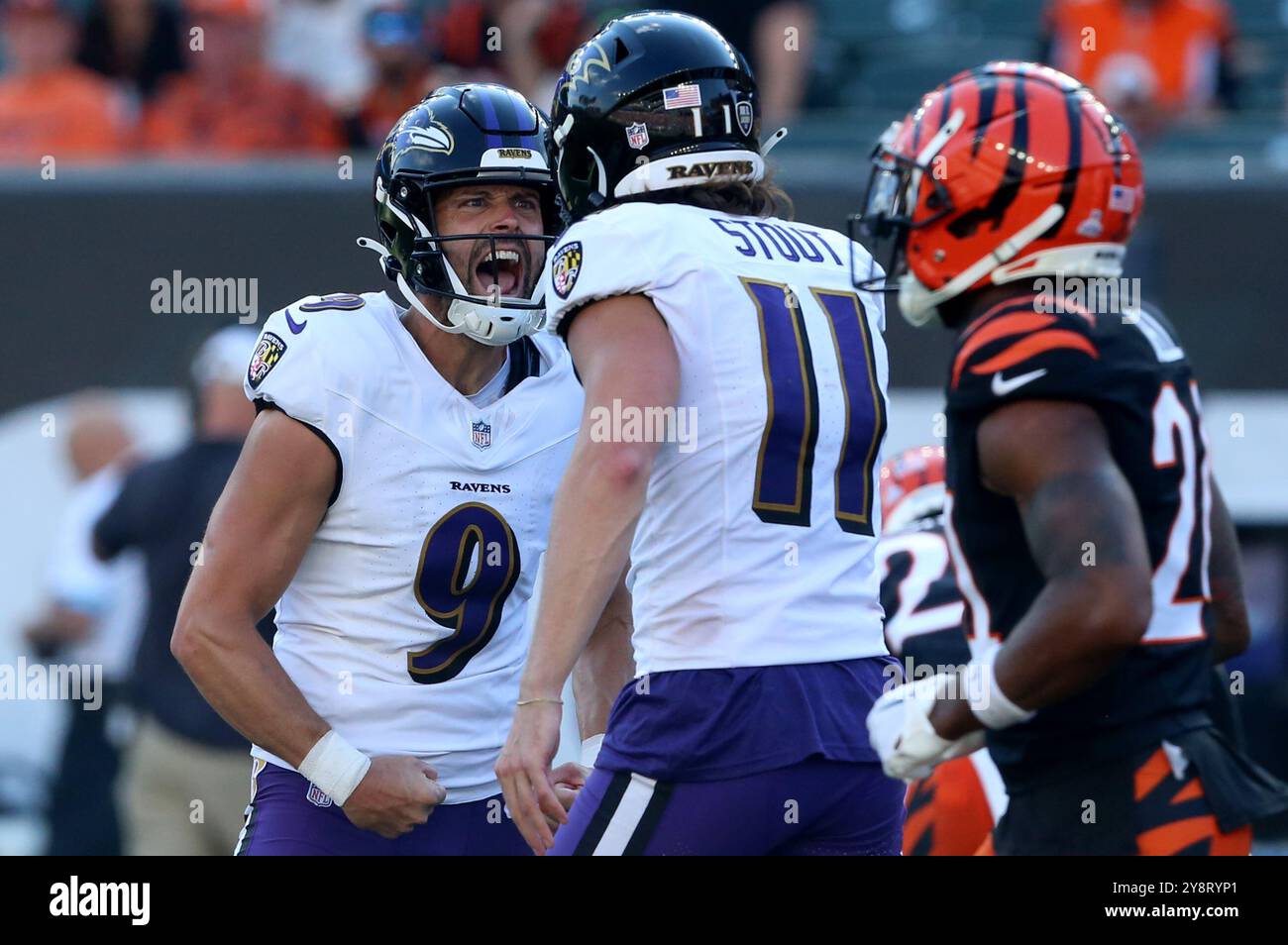 Cincinnati, United States. 06th Oct, 2024. Baltimore Ravens kicker Justin Tucker (9) celebrates his game winning field goal in overtime with holder Jordan Stout (11) against the Cincinnati Bengals in overtime play at Paycor Stadium on Sunday, October 6, 2024, in Cincinnati, Ohio. Photo by John Sommers II/UPI Credit: UPI/Alamy Live News Stock Photo