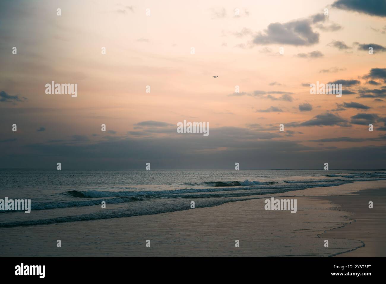 Softly blurred waves rolling onto the shore at twilight. Stock Photo