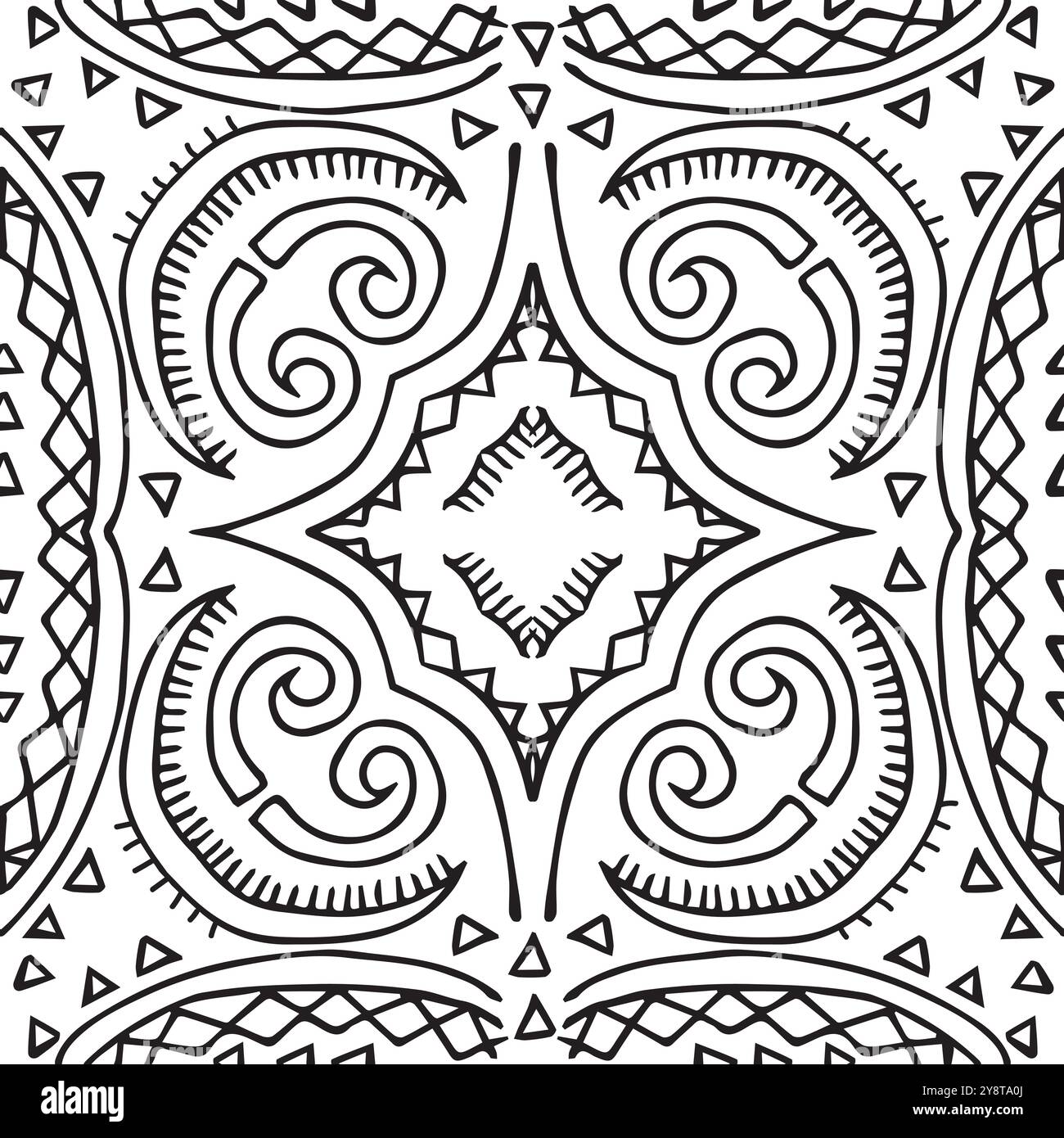 Line black white abstract hand drawn seamless pattern. Vector tribal ...