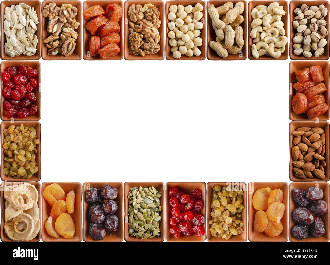 Seamless flat lay food frame of dehydrated fruits, seeds and nuts on ...