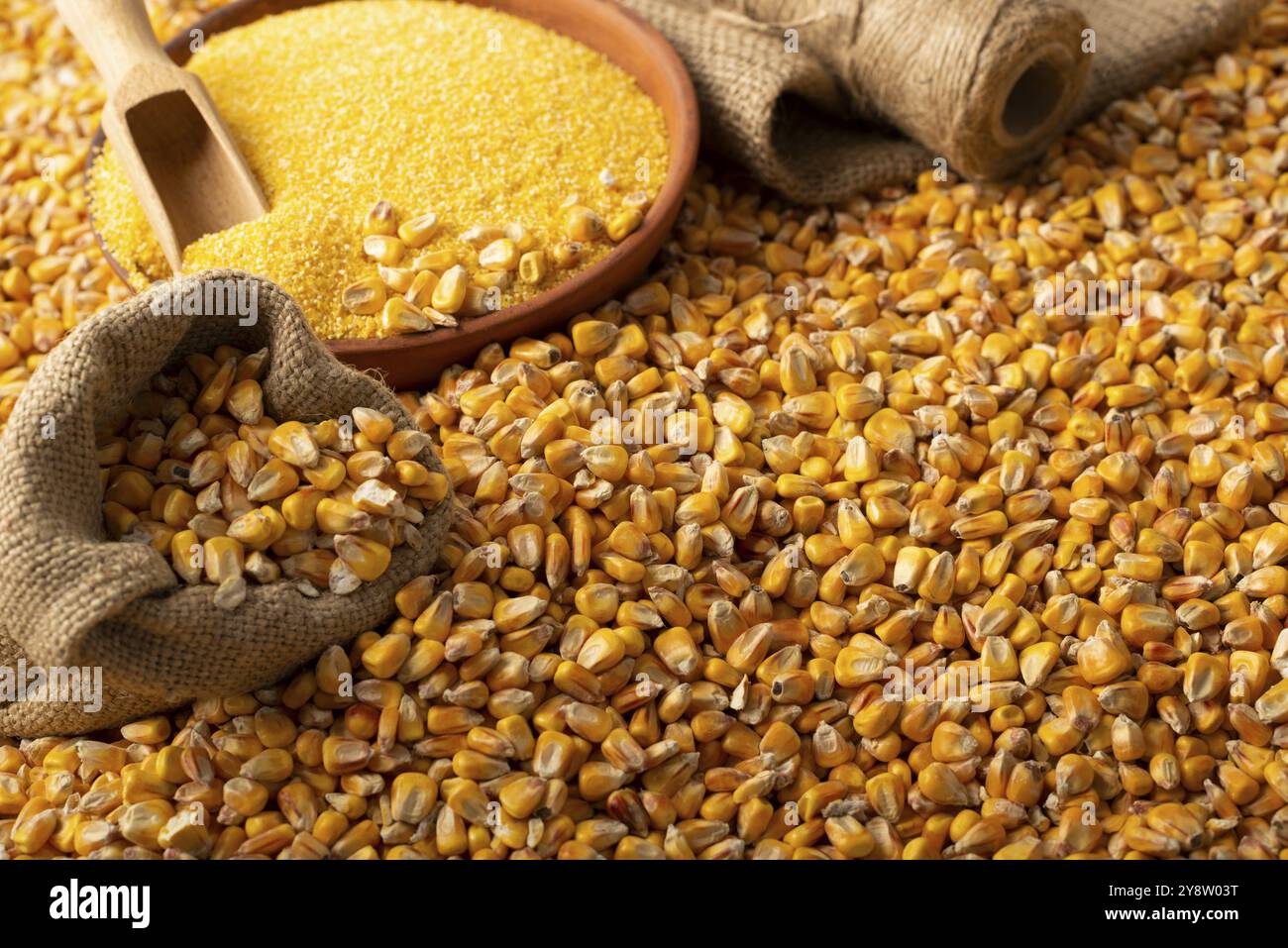 Yellow corn kernels with clay bowl in burlap sack Stock Photo