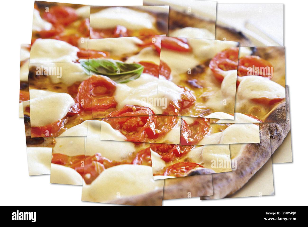 Creative picture of Pizza Margherita with Mozzarella cheese, basil and tomatoes Stock Photo