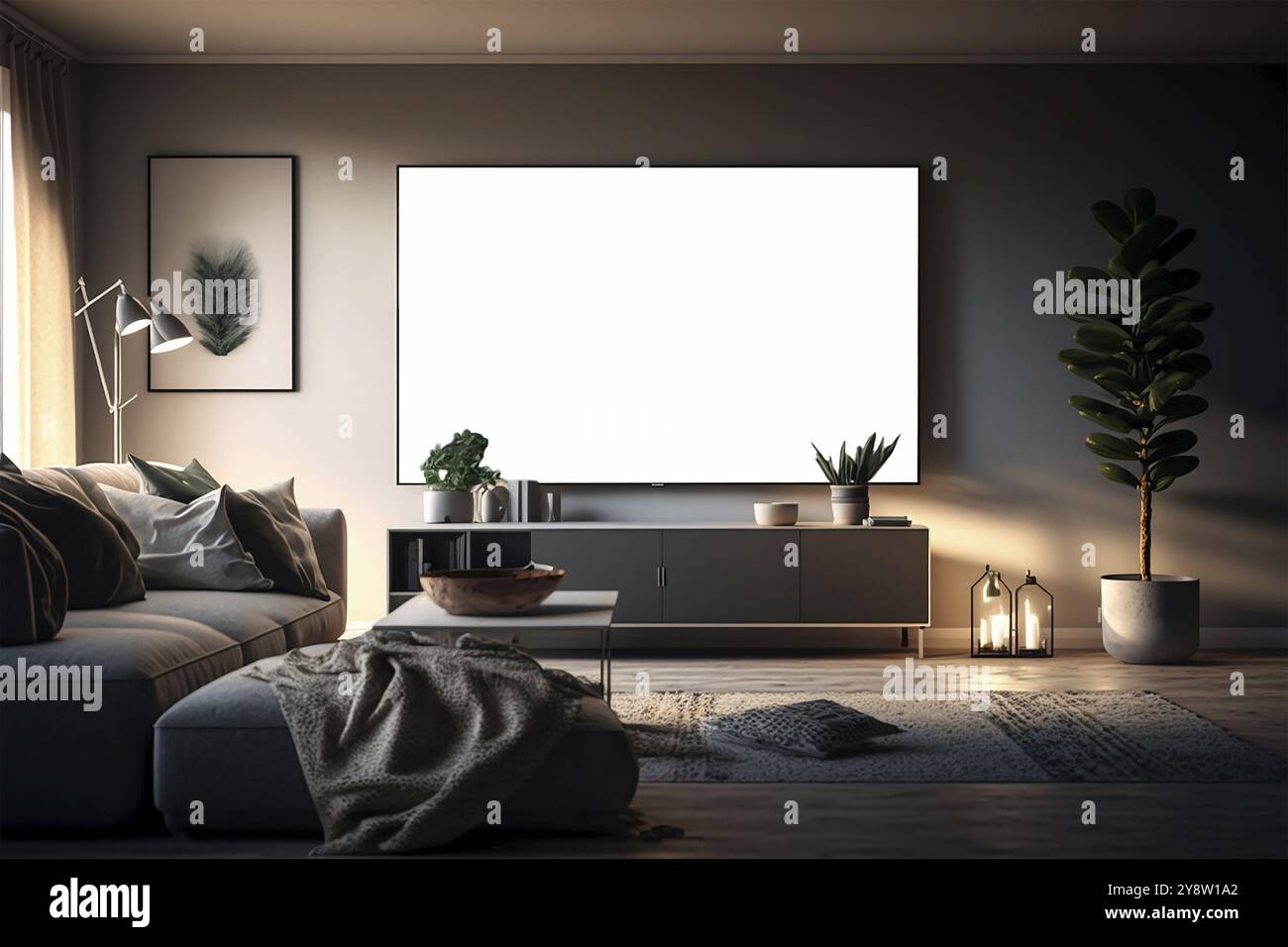 Home interior poster mock up with horizontal frame, wall mockup interior. Wall art. 3d rendering, 3d illustration Stock Photo