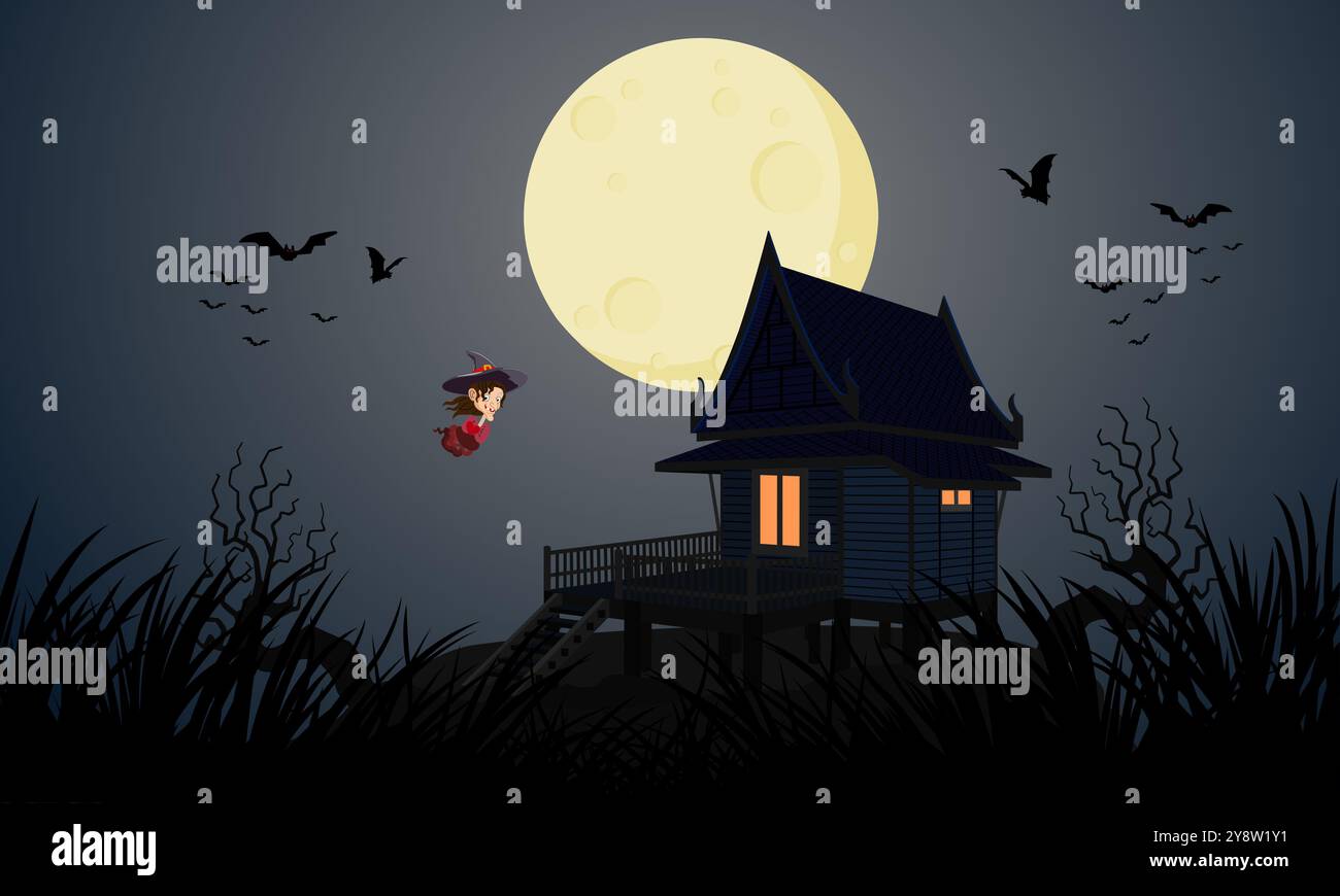 Halloween ghost release night. The Krasue ghost witch floats in the air near a Thai-style haunted house. Stock Photo