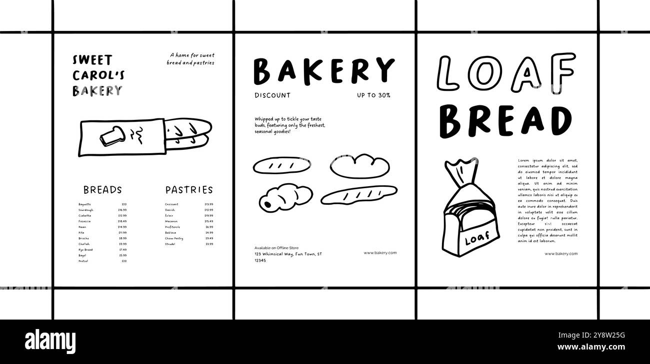 Hand-Drawn Bakery Poster with Bread and Pastry Illustrations Perfect for promoting bakery specials, seasonal treats, or daily offerings. Stock Vector