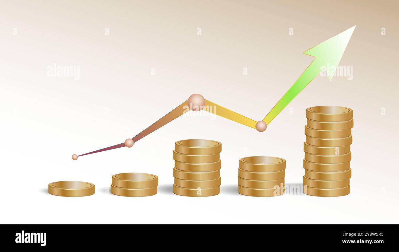 A 3D illustration of a stack of golden coins with an decrease and increase arrow graph, symbolizing financial growth and success Stock Vector