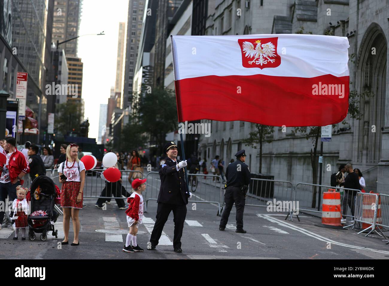 New York, NY - October 6, 2024: The 87th Annual Pulaski Day Parade marches proudly along 5th Avenue, celebrating Polish heritage and honoring General Casimir Pulaski, a hero of the American Revolutionary War. Thousands of participants, including cultural groups, schools, and organizations, showcased the vibrant traditions of the Polish-American community. The parade, a beloved New York City tradition, highlighted the contributions of Polish-Americans to the city and beyond. (Photo by Luiz Rampelotto/EuropaNewswire) Stock Photo