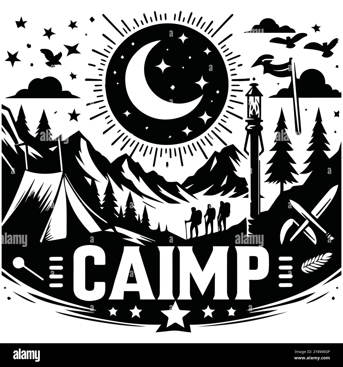 Simplistic black and white icons illustrating camping and hiking themes, featuring tents, backpacks, and nature symbols Stock Vector